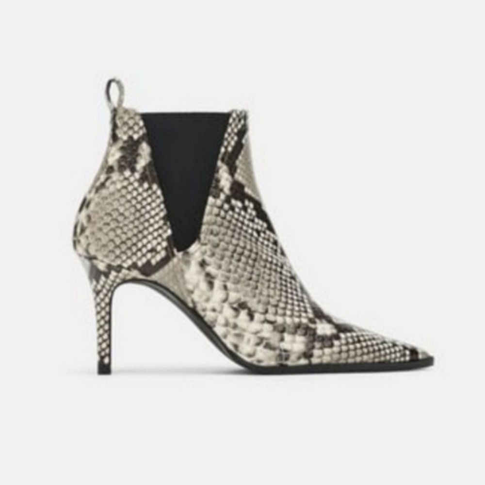 NEW 100% Authentic ZARA Leather Snake Pointy Toe High Heel Booties 40 9